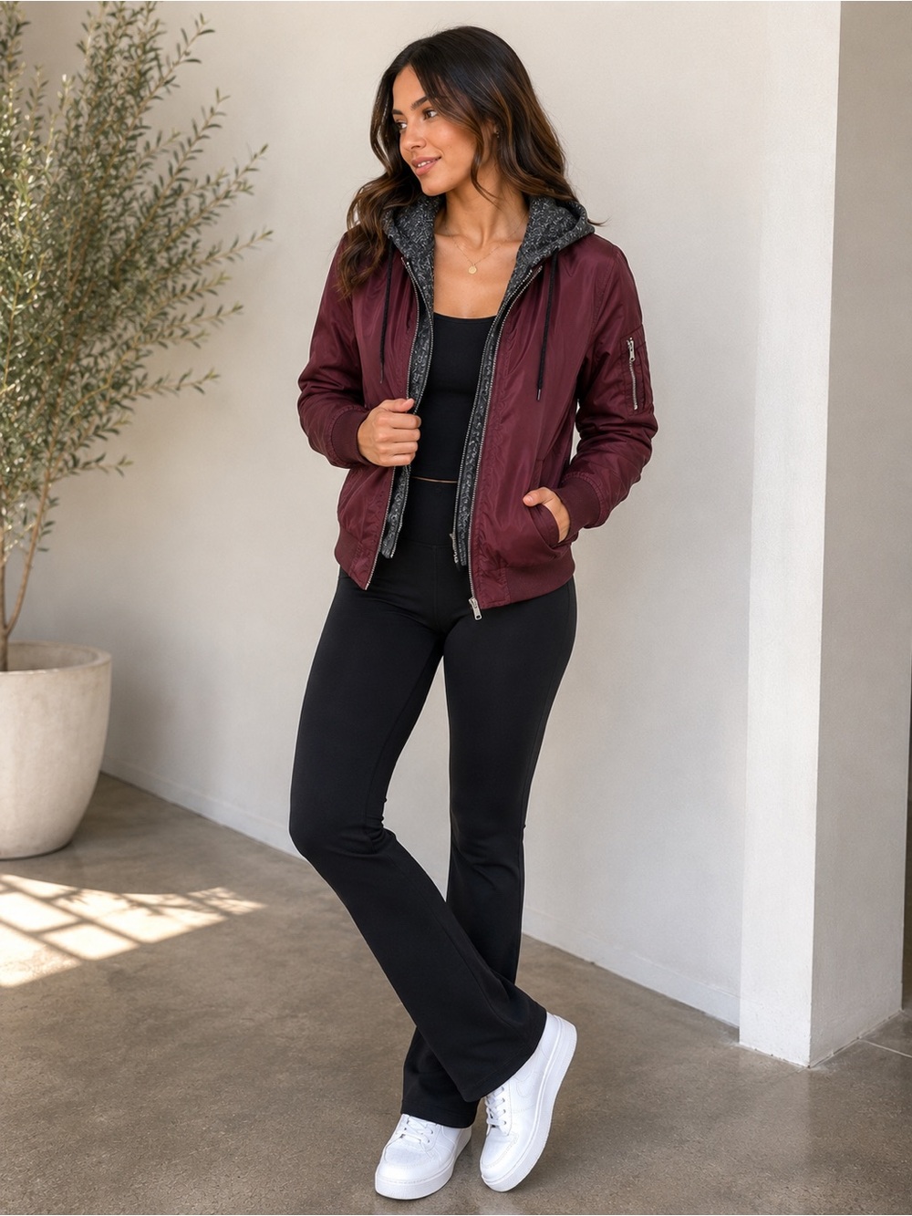Ci Sono Burgundy Bomber Jacket with Gray Hood